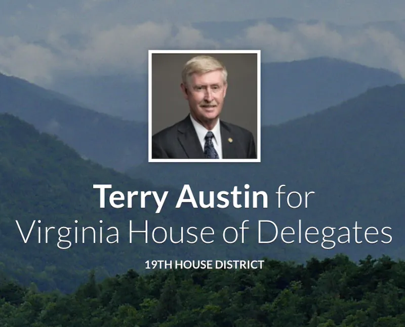 The image shows a small headshot of Terry Austin, member of the Virginia House of Delegates, in a tie and suit jacket. Under the photo it says "Terry Austin for Virginia House of Delegates 19th House District". The background of the image shows what looks like a shot of the Blue Ridge Mountains slightly enveloped by white clouds.