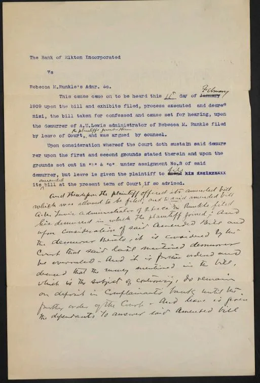 Document with blue typescript and black handwriting, documents a decree made in the chancery cause Bank of Elkton vs. Adrm. of Rebecca M. Runkle, Etc