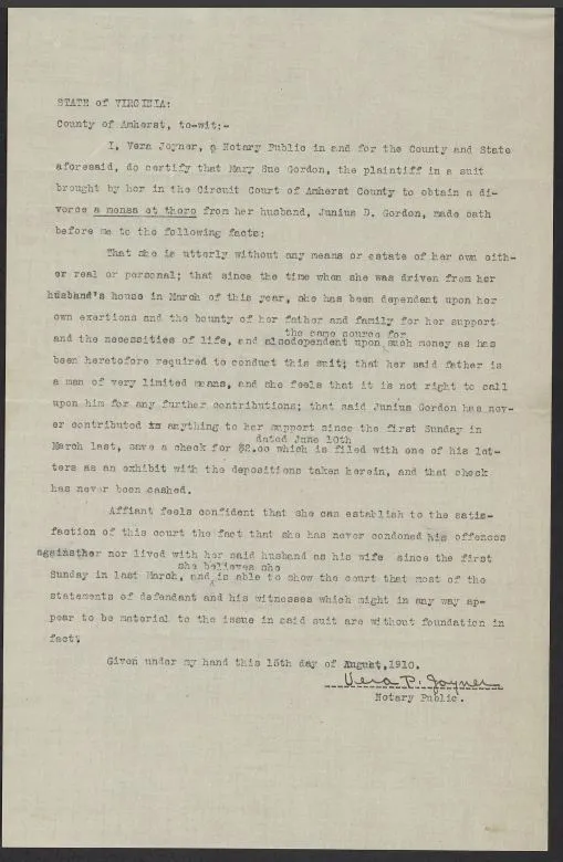 Document with black typescript, documents an affidavit in the chancery cause Mary Sue Gordon vs. Julius D Gordon