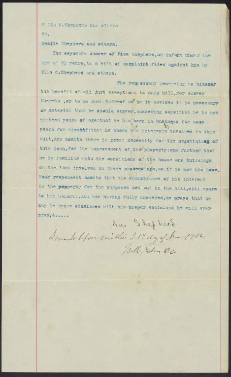 Document with blue typescript, documents an answer made in the chancery cause Ella Shephard Etc. vs Leslie Shepherd, Etc.