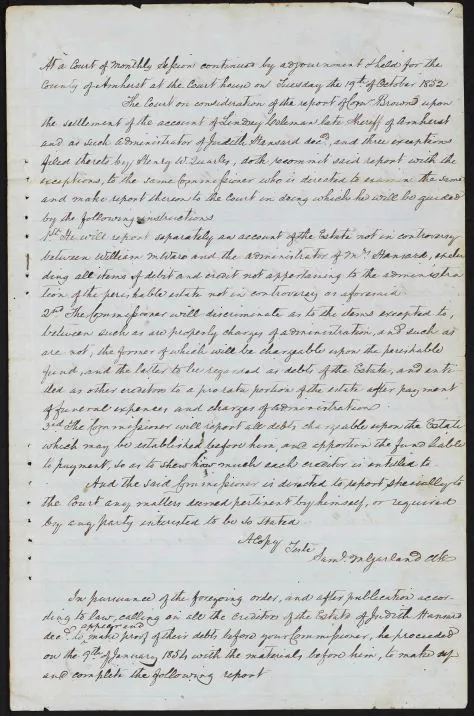 Document with ink writing containing the commissioners' report  in chancery cause Judith Hansard vs  James M Allen
