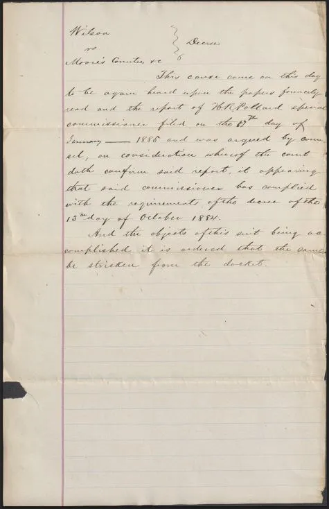 Lined paper with black ink writing. Records the final decree of the chancery causes Lucy Wilson vs. Comt. of Andrew L. Moore, etc