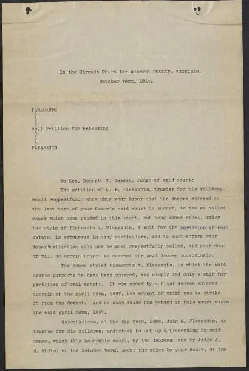 Document with black typescript, documents a petition made in the chancery cause Mary Ann Pleasants Etc. vs. L. P. Pleasants, Etc.
