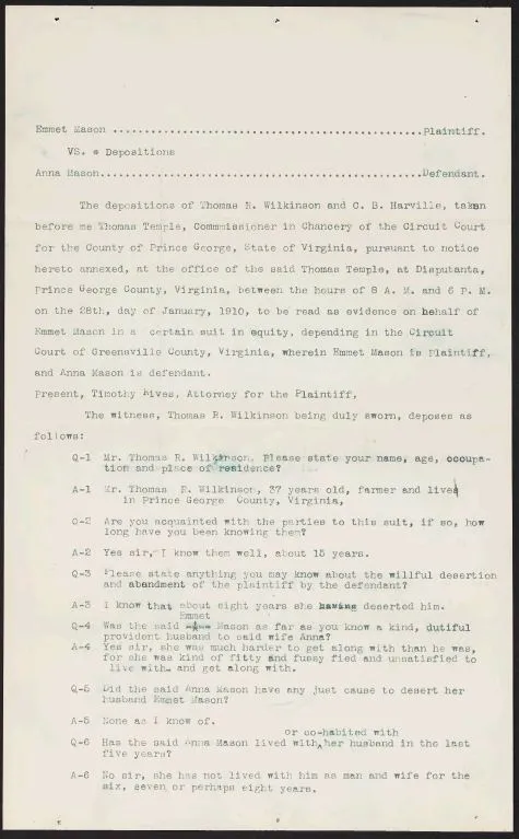 Document with black typescript, documents a deposition in the chancery cause Emmet Mason vs Anna Mason