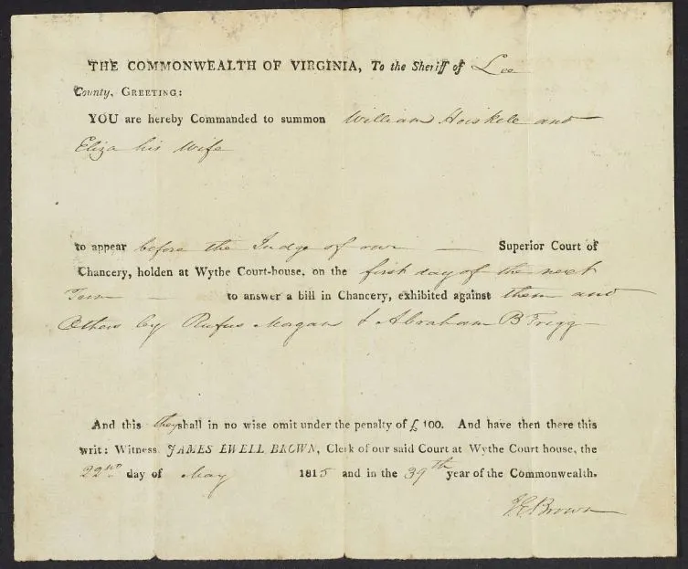 Form document in black typescript with ink writing infilled. Containing a subpoena in chancery cause 