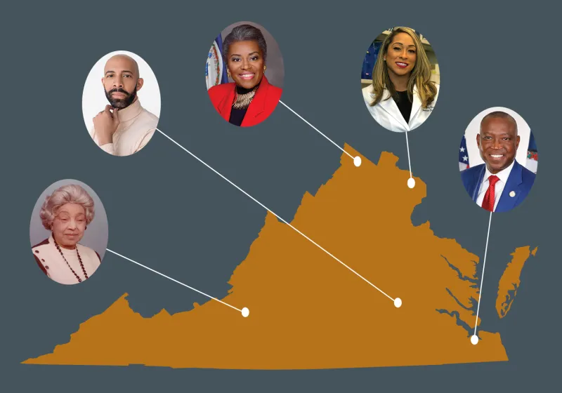 Virginia map with headshots of five Strong Men and Women in Virginia History honorees