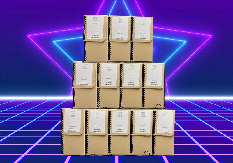 stack of hollinger boxes shaped like a pyramid with a blue, purple and pink 80s background with a star