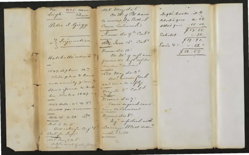 Document with ink writing containing the court proceedings of chancery cause Peter Grigg vs Admr. of Abram Hatchett, etc