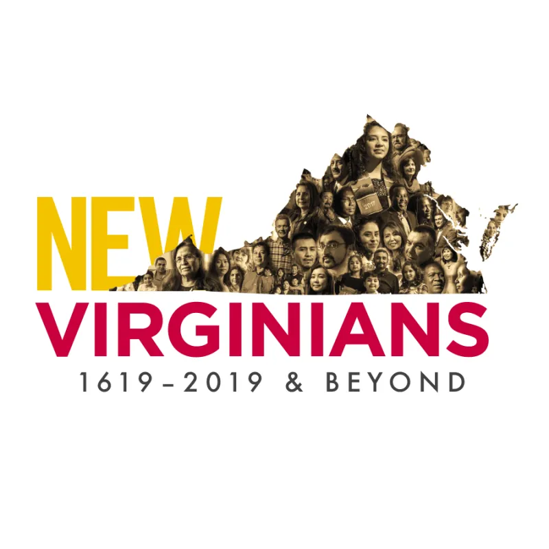 New Virginians 1619-2019 and Beyond exhibition logo with the shape of Virginia filled with photographs of faces