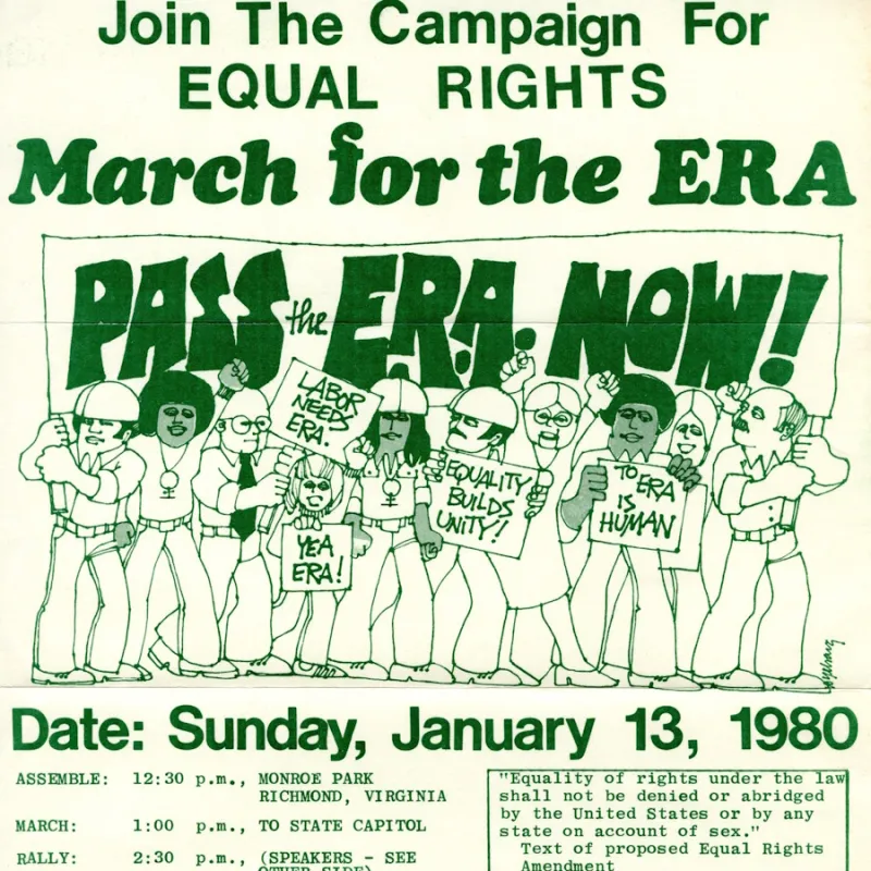 flyer for an Equal Rights Amendment rally in 1980 with a row of cartoon-like people holding a banner that reads Pass the E.R.A. Now