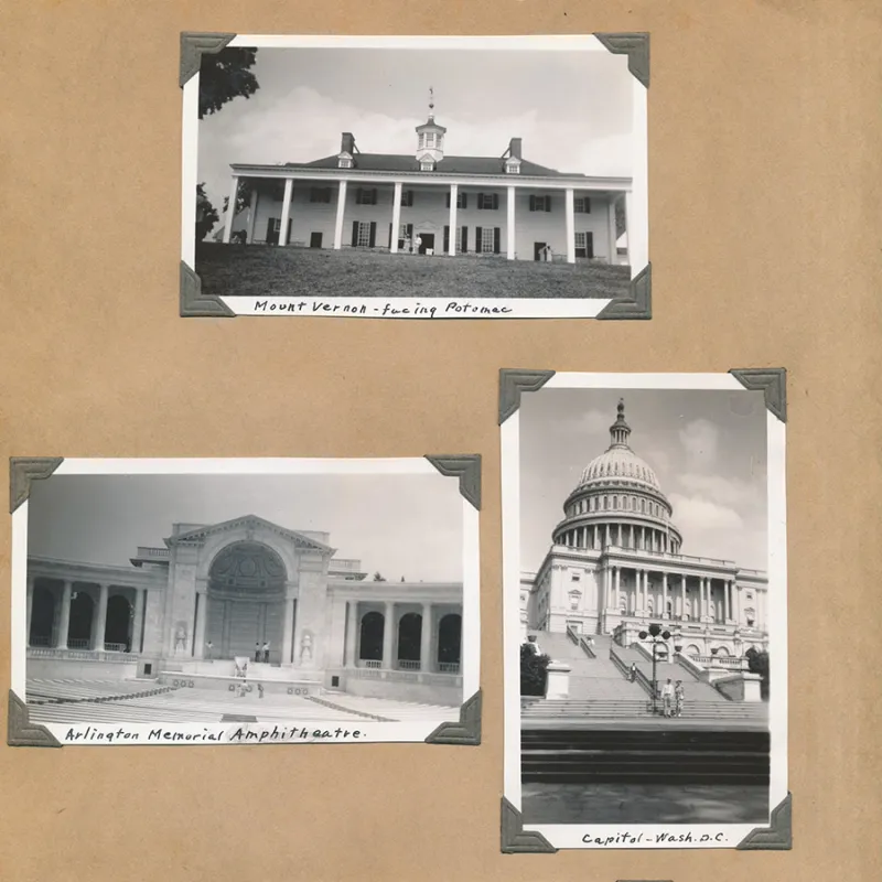 Three black and white photographs held in an album with photo corners