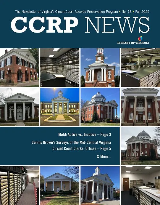 cover of CCRP newsletter Fall 2025, gallery image of various courthouse building from across Virginia