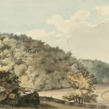 Watercolor with pen & ink illustration of rocks, woods, and clouds