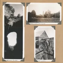 Three black and white photographs held in an album with photo corners